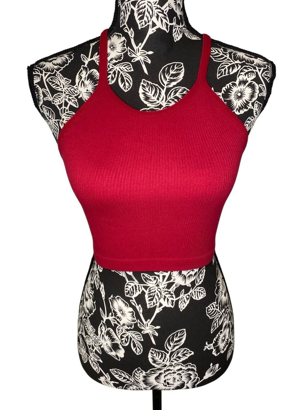 Ododos Red Ribbed Racerback Crop Tank Top Seamless Stretch Workout Yoga Athletic